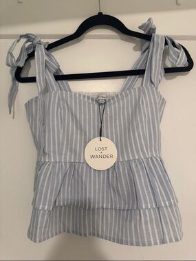 NWT Lost + wander blue and white striped linen blend peplum top